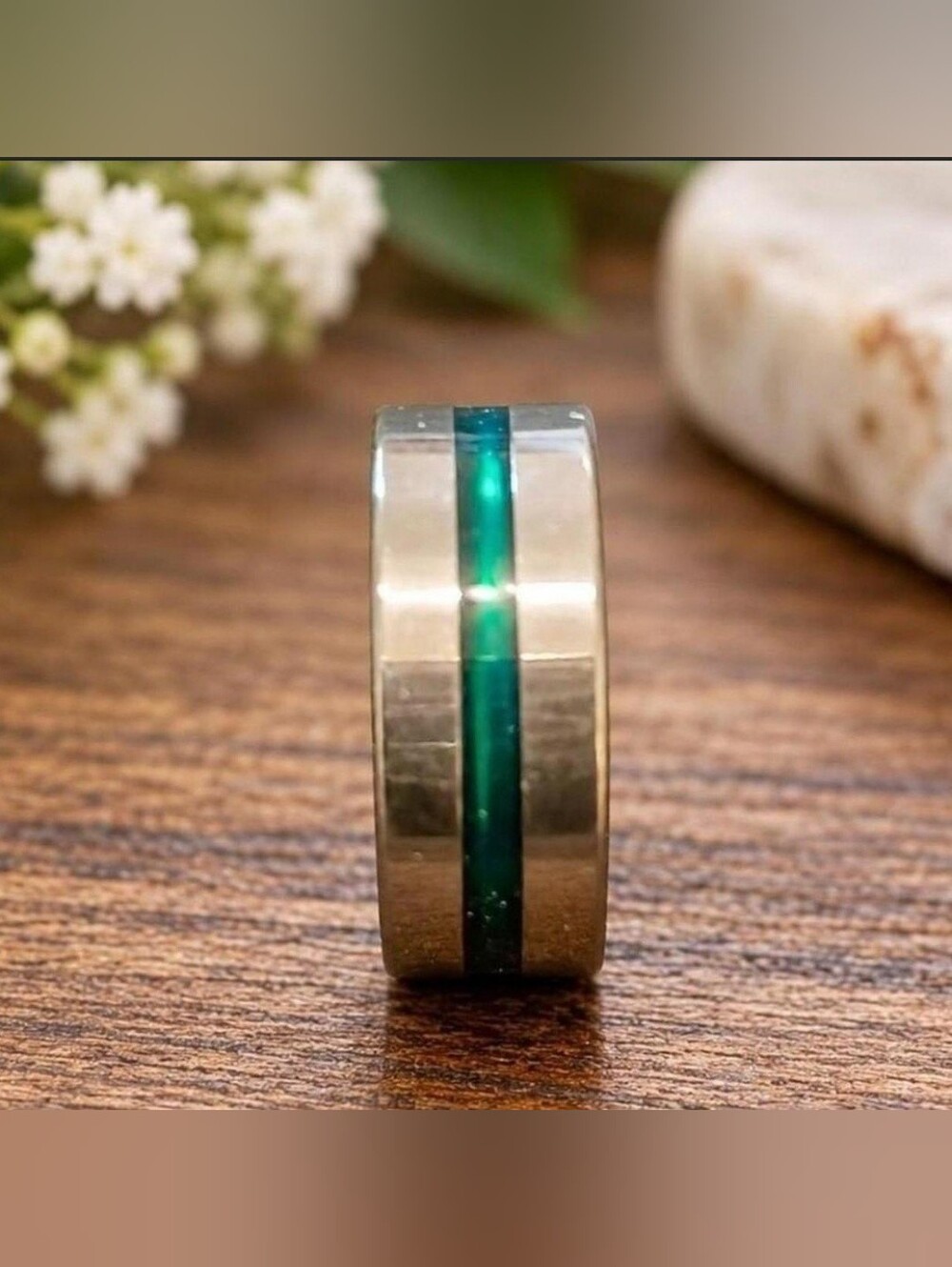 Stainless Steel Silver Ring with Emerald Green Inlay - Women Jewelry